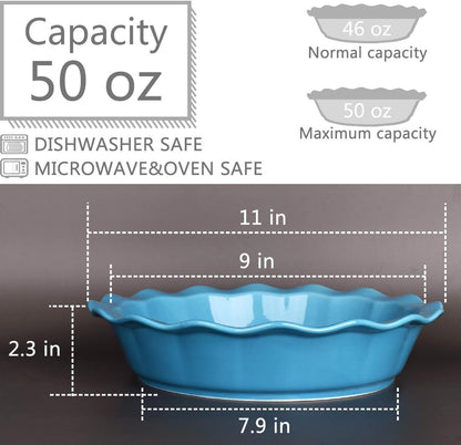Bosmarlin Ceramic Pie Pan, 9 Inches Pie Dish, 50 oz, Pie Plate for Baking, Microwave, Oven Safe and Dishwasher safe (Cerulean blue, 9 inches)