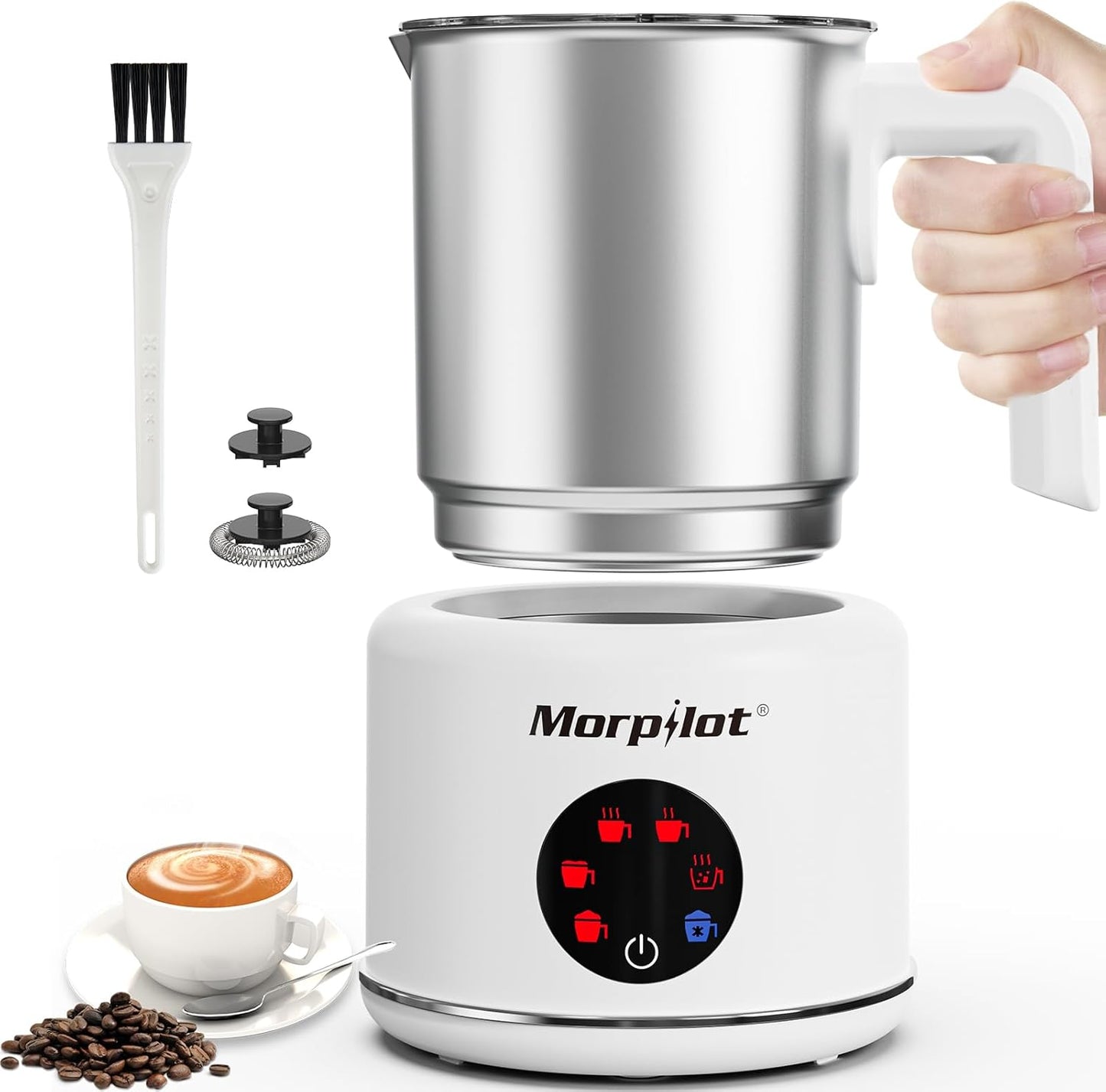Large Electric Milk Frother and Steamer, 16.9oz/500ml Milk Steamer and Frother for Latte or Hot Chocolate, Dishwasher Safe, 6 Functions, Enjoy Perfect Milk Froth in 2 Min (White-Stainless Steel)