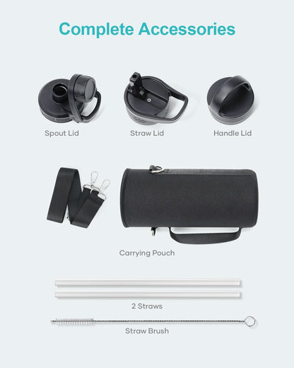 BUZIO 40 oz Water Bottle Insulated with Straw & 3 lid and Carrying Pouch, Leak Proof Anti-Slip Stainless Steel Water Flask Jug, Cold for 48 Hrs Double Vacuum Thermo Canteen, BPA-Free, Dark Blue