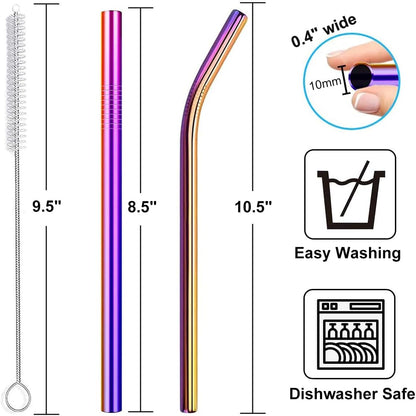 Vinaco Reusable Smoothie Straws, 0.4'' Wide Stainless Steel, 10.5'' & 8.5'' Long, 4 Pack with 1 Cleaner for Milkshake, Smoothie, Bubble Tea
