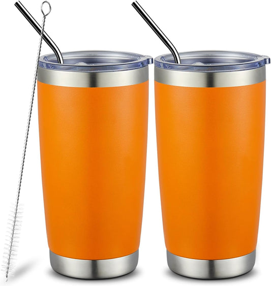 COMOOO 20oz Tumbler Bulk Double Wall Vacuum Insulated Travel Mug, Stainless Steel Tumbler with Lid and Straw Durable Powder Coated Insulated Coffee Cup for Cold & Hot Drinks (Orange, 2 pack