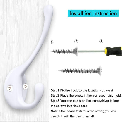 10 Pack Heavy Duty Dual Coat Hooks Wall Mounted with 20 Screws Retro Double Hooks Utility Black Hooks for Coat, Scarf, Bag, Towel, Key, Cap, Cup, Hat (White)