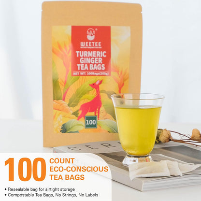 WT WEETEE Turmeric Ginger Tea Bags, 100% Pure Turmeric and Ginger Root Herbal Blend Savory & Spicy, Natural Caffeine-free Spice Tea