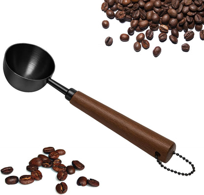 1pcs Coffee Scoop for Ground Coffee, Beans and Tea，Vintage Coffee Measuring Spoon with Long Wooden Handle 30ml/10g Capacity 304 Stainless Steel（Black)