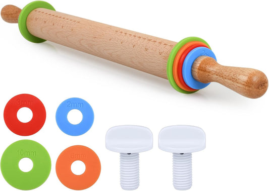 Rolling Pin with 4 Adjustable Thickness Rings and Long Handle 13.6 Inch Wooden Dough Roller for Baking, Dough, Cookie, Cake, Fondant, Pizza and Pie Crust