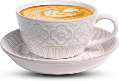 Latte Cup with Saucer, 12 OZ Cappuccino Cup Vintage Cafe Art Cups for Espresso Turkish Coffee, Farmhouse Latte Mugs Tea Cups and Saucers Porcelain Set for Baristas Great Gift