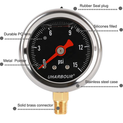 Glycerin Filled Pressure Gauge with 304 Stainless Steel Case, 1-1/2" Black Dial, 0-15Psi, High Accuracy, 1/8" NPT Center Bottom Mount……