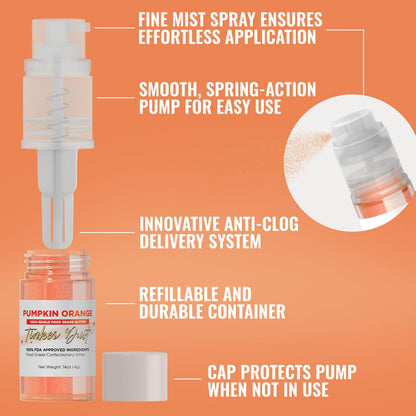 Bakell - Pumpkin Orange Tinker Dust (4g, 1x Mini Spray Pump) Edible Glitter for Food, Desserts, and Beverages!
