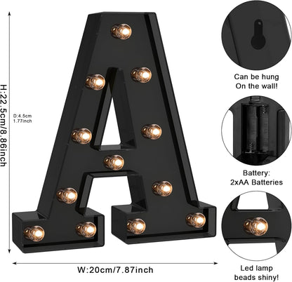 Foaky Black LED Letter Lights for Room Decor - Bedroom Wall Decor, Alphabet Lights for Home, Wedding, Party - Battery Operated （A）