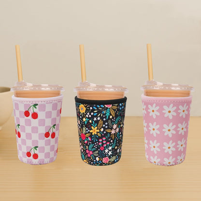 Reusable Insulated Neoprene Iced Coffee Cup Sleeve, Durable Drink Sleeve for Cold Beverages, Beverage Holder for Iced Coffee, Pink Daisies