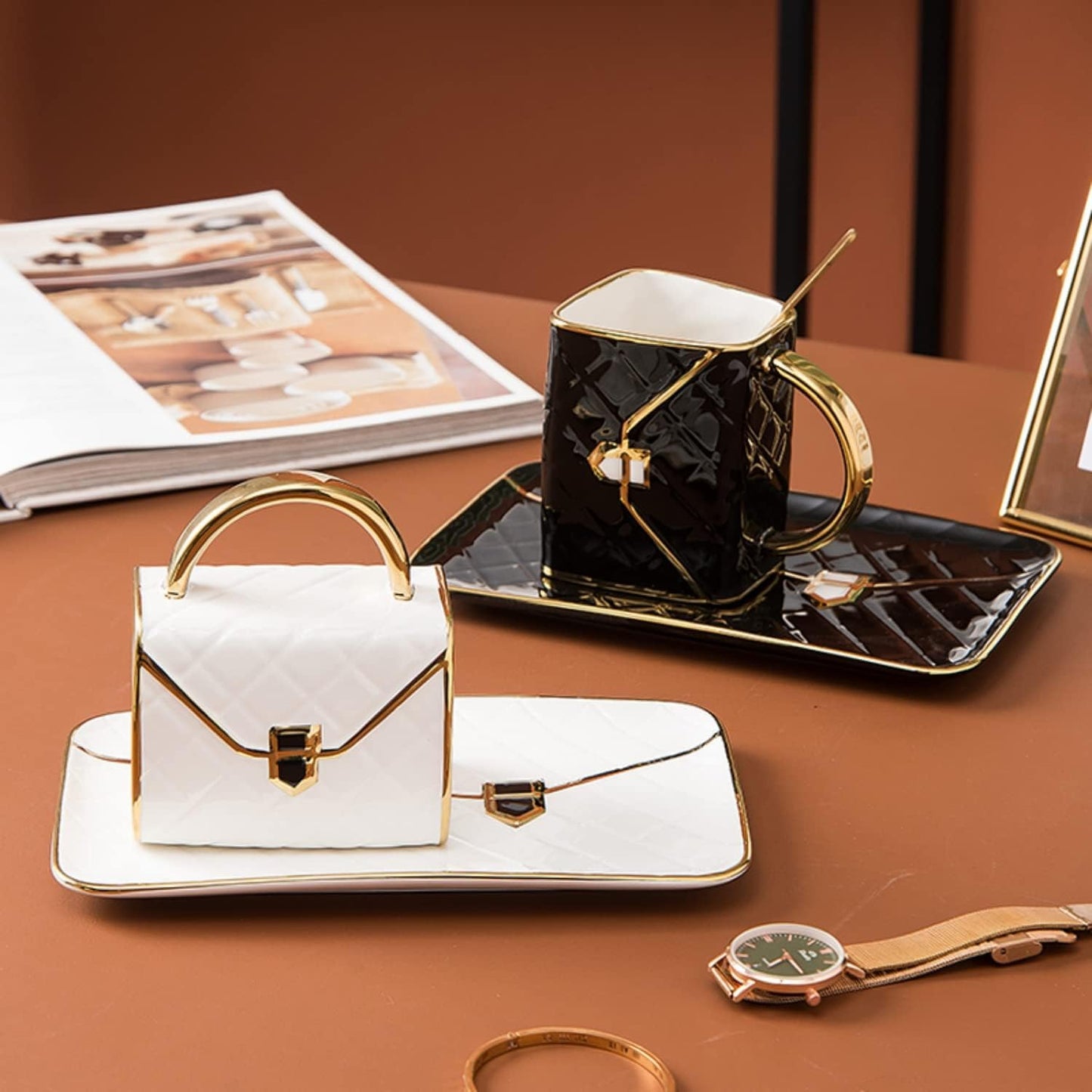 YnsfreeCeramic Purse Coffee Mugs Set Tea Cup Unique Bag shaped mug and Saucer Set with Spoon and Saucer For Women Thanksgiving Christmas Gifts (White)