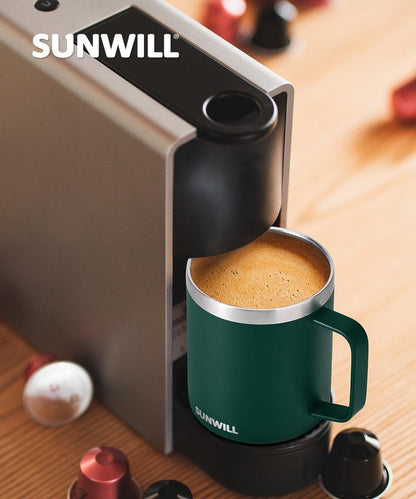 SUNWILL Travel Coffee Mug Set of 2, Insulated Tumbler with Lid, 14 oz Stainless Steel Cup with Handle for Camping, Office, Home, Powder Coated Forest Green & Plum
