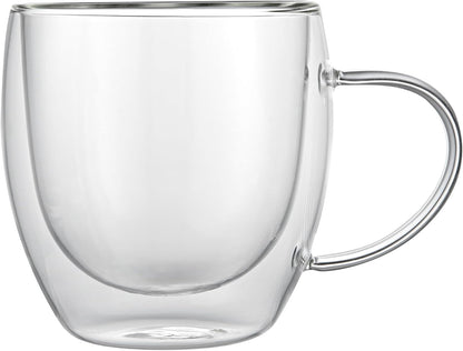 Restaurantware-Forma Professional 8.5 Ounce Glass Coffee Cups, 12 Insulated Coffee Cups With Handle - Dishwashable, Reusable, Clear Double Wall Beverage Tumblers, Freezable, For Hot Or Cold Beverages