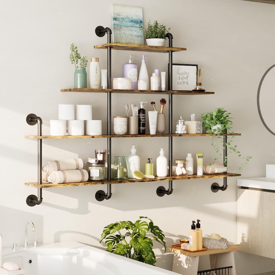 63" Industrial Pipe Shelving - 4 tier Rustic Solid Wood and Heavy Duty Metal Pipe Shelves for Wall,Kitchen Shelves Wall Mounted,Floating Bookshelf,Wall Shelves for Bathroom,Living Room,Coffee Bar