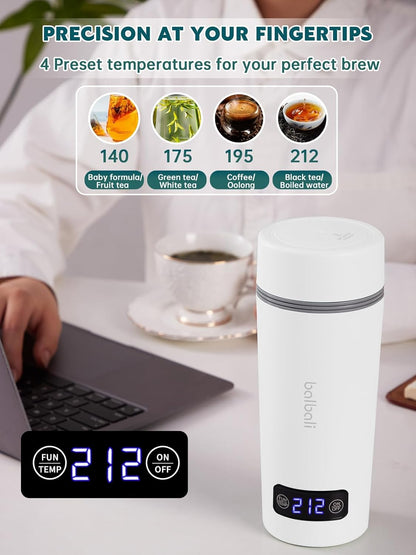 balbali Dual Voltage Travel Kettle 100-250V - 12oz Portable Water Boiler/Warmer/Heater for Boiling Water - 4 Preset Temperature Control Portable Tea Kettle Electric Travel - White
