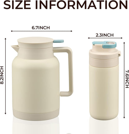 2 Pack 49oz Thermal Coffee Carafe and 15oz Insulated Water Bottle, Stainless Steel Vacuum Thermal Carafes and Water Bottle for Keeping Coffee, Tea, Water - Keep 12 Hours Hot, 24 Hours Cold