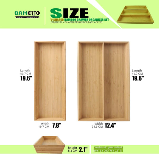 2-Piece V-Shaped Bamboo Drawer Organizer - Ideal for Kitchen's Large Long Tableware, Cooking Utensils, Flatware, Silverware - Wood Storage Box for Home, Bedroom, Bathroom (19.6"x12.4" & 19.6"x7.8")