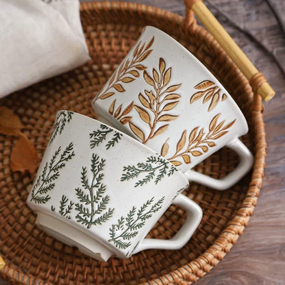 Ceramic Mug Set of 1 With Gold Spoon, 11oz - Vintage Coffee Mug, Pottery Cups for Milk, Latte, Cappuccino, Tea - Porcelain Dishwasher, Microwave Safe Stoneware Green Leaf