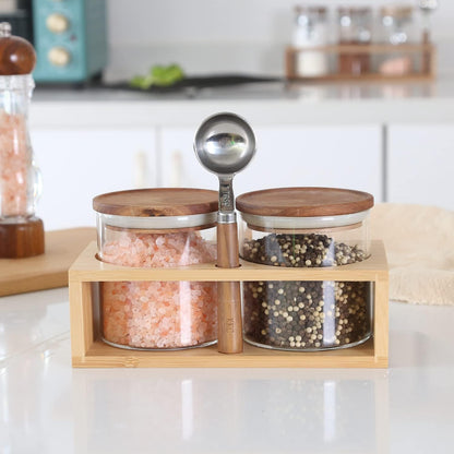 KKC HOME ACCENTS Airtight Borosilicate Glass Food Storage Jars with Wood Lids and Scoop for Coffee,Tea,Sugar,Salt,Wooden Top Glass Sealed Jars,18 Fluid Ounces
