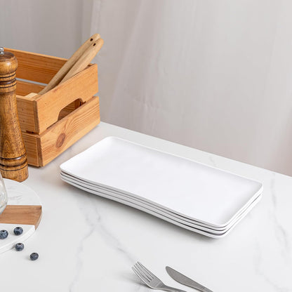 White Melamine Rectangular Serving Platter/Trays, Set of 4, 14” X 7” Fruit Cake Bread Sushi Plate for Party Serving Food, Lightweight and Unbreakable