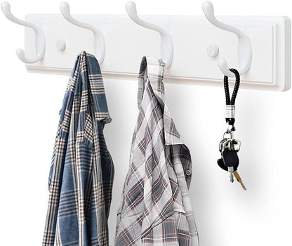 Wooden Coat Rack, Wall-Mounted Organizer for Closet, Entryway, Hallway, Foyer, Bedroom, Heavy Duty Double Hooks for Hanging Towels, Bags, Hats, Jackets, Key (White, 4 Hooks)