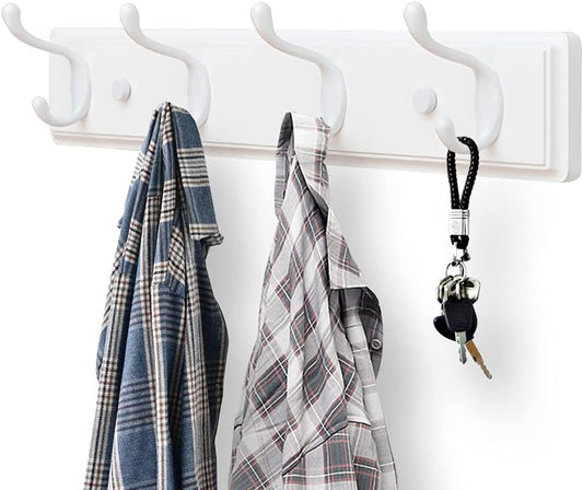 Wooden Coat Rack, Wall-Mounted Organizer for Closet, Entryway, Hallway, Foyer, Bedroom, Heavy Duty Double Hooks for Hanging Towels, Bags, Hats, Jackets, Key (White, 4 Hooks)