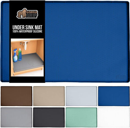 GORILLA GRIP Waterproof Silicone Under Sink Mat with Raised Lip for Kitchen and Bathroom, 46 x 22 in, Cabinet Shelf Liner Stay in Place Mats Dishwasher Safe Drawer Liner, Organizer Tray, Blue