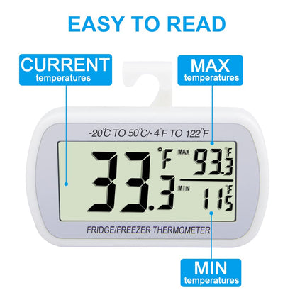 Waterproof Refrigerator Fridge Thermometer, Digital Freezer Room Thermometer, Max/Min Record Function Large LCD Screen and Magnetic Back for Kitchen, Home, Restaurants (1 Pack)