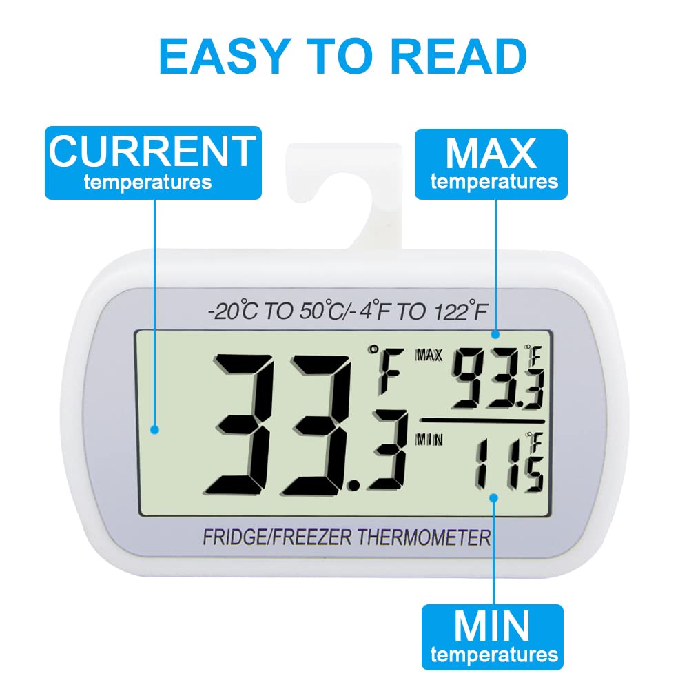 Waterproof Refrigerator Fridge Thermometer, Digital Freezer Room Thermometer, Max/Min Record Function Large LCD Screen and Magnetic Back for Kitchen, Home, Restaurants (4 Pack)