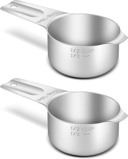2PCS 1/2Cup (120ml, 4oz) Single Measuring Cup, Stainless Steel Measure Scoop, Metric and US Measurement, Heavy Duty, Dishwasher Safe