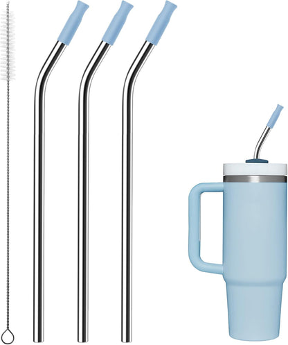 Reusable Stainless Steel Straws with Silicone Tip for Stanley 30oz, Metal Drinking Straws for 30oz Tumbler,3 Bent Tubes & 6 Tips& 1 Cleanr Brush (Chambray)