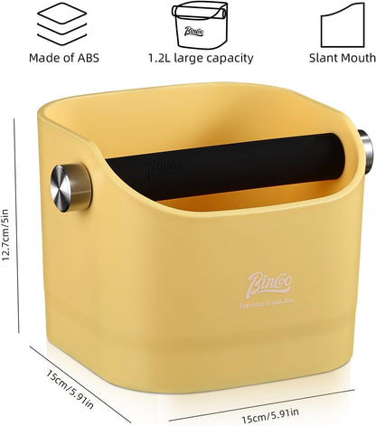 Espresso Knock Box - Bincoo Espresso Machine Knock Box/Espresso Grounds Knock Box, Barista Style Coffee Knock Box for Grounds with Removable Shock-Absorbent Knock Bar and Anti-Slip Base. (yellow)
