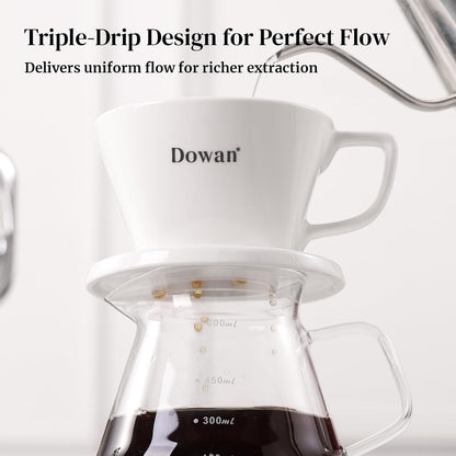 DOWAN Pour Over Coffee Maker, Non-Electric Pour Over Coffee Dripper with Open Base Design, Manual Brew Maker, Single Cups Porcelain Slow Brewing Accessories for Gifts, White