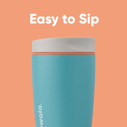 Owala SmoothSip Slider Insulated Stainless Steel Coffee Tumbler, Reusable Iced Coffee Cup, Hot Coffee Travel Mug, BPA Free 12 oz, Grey/Blue (Beachy Breeze)