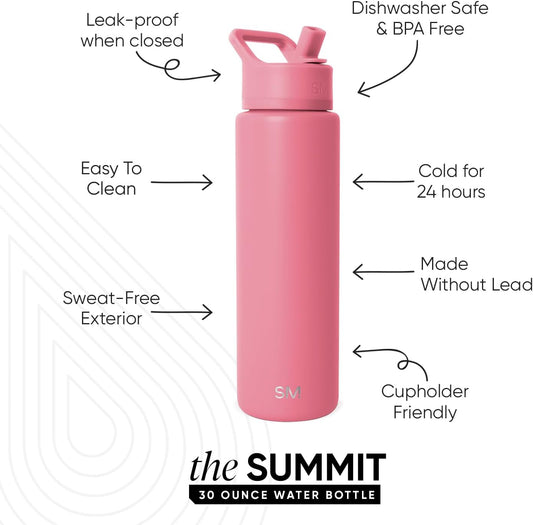 Simple Modern Water Bottle with Straw Lid | Vacuum Insulated Stainless Steel Metal Thermos | Reusable Leak Proof BPA-Free Flask for Sports Gym | Summit Collection | 30oz, Velvet Pink