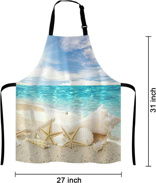 Caribbean Samana Beach Adjustable Bib Apron, Starfish Sea Shells Cooking Kitchen Apron for Men Women