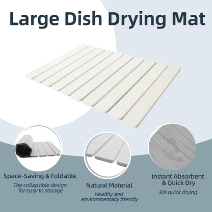 Stone Drying Mat for Kitchen Counter, 23.6" x 15.3" Foldable Diatomaceous Earth Dish Drying Mat - Large Stone Dish Drying Mat for Dishes Cups Bottles Drying, Match Any Countertop (Grey, Large)