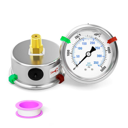0-5000psi Stainless Steel Glycerin Liquid Filled Pressure Gauge 1/4" NPT 2.5" Face Dial Center Back Mount, for Water, Oil and Air Pressure Testing (with Range Mark Pointer)