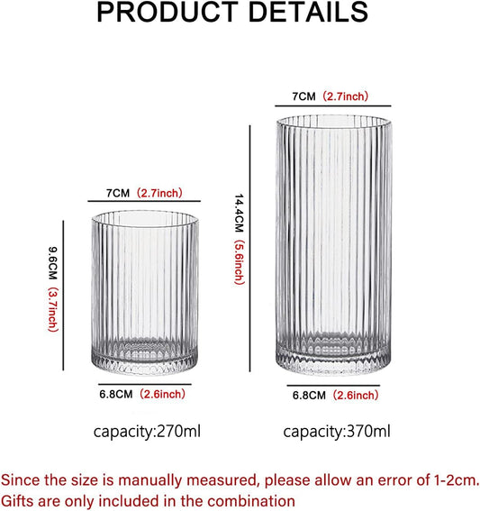 INSETLAN Glass Cups Vintage Glassware Set of 4 Small, Origami Style Transparent Cocktail Glasses Set, Bar Beverages Ice Coffee Cup Juice Ripple Drinkware, 270ml (S)