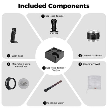 IKAPE 53MM Black Espresso Tool Set 8 IN 1, Coffee Tamper, Distributor, Magnetic Funnel, Puck Screen, Tamper Station, Stirrer Distribution Tool, Cleaning Towel and Brush