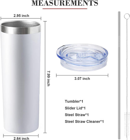 20 oz Skinny Tumbler with Lid and Straw,Stainless Steel Vacuum Insulated Tumbler Cup Double Wall Leak-proof Coffee Mug,Travel Thermal Water Tumbler for Home,Office,Outdoor(White,1)