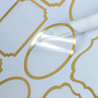 Clear Labels for Jars 180pcs Waterproof Removable Transparent Write-on Label Stickers with Gold Border,Great for Food Container Spice Bottle Condiment Flour Sugar Canisters Storage Bins,Free 2 Markers