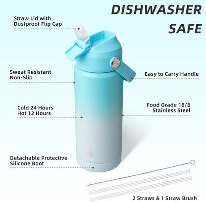 BJPKPK Insulated Water Bottle with Straw Lid, 18oz Thermos Water Bottles with Soft Nozzle, Flex Handle & Non-slip Boot, BPA Free Leak Proof Stainless Steel Metal Thermos, Tumblers, Cups,Sea Salt