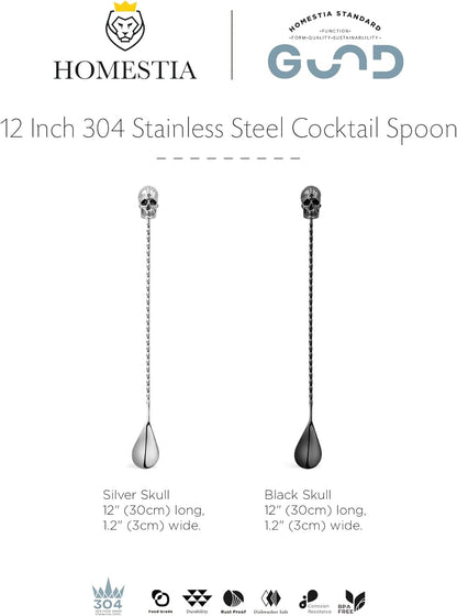 Homestia 2Pcs Bar Spoon, 12 Inch Stainless Steel Cocktail Mixing Spoon, Long Handle Spiral Design with Weighted Skull End Mixing Spoon Stirrers for Drink Cocktail Stirres Halloween Party Bar