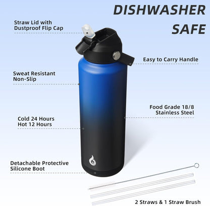 BJPKPK Insulated Water Bottle with Straw Lid, 40oz Large Thermos, BPA Free Leak Proof Stainless Steel Metal Water Bottles, Tumblers, Cups, Flasks for Travel, Sports,Black Blue