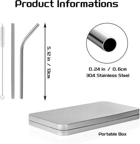 [10 Pcs] 6 Inch Metal Drinking Straws - 0.24" Diameter 304 Stainless Steel Straw for Cocktail Coffee Margaret, 5 Bent 5 Straight Reusable Short Straws for Kitchen,Home Bar,Party