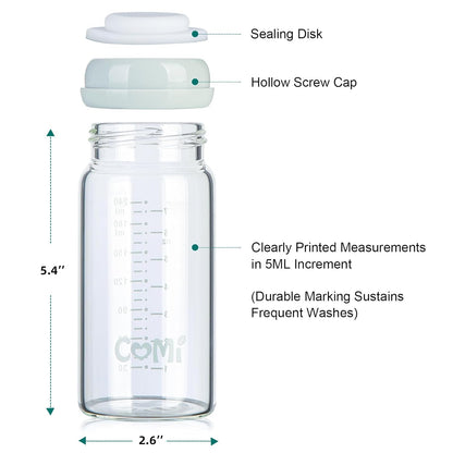 COMI Wide Neck Glass Breastmilk Collection n Storage Bottle, 8oz with Screw Ring Sealing Disk; Re-markable Sealing Disc. BPA Free, Fits Breast Pumps & Nipples (6 Gray Lids)