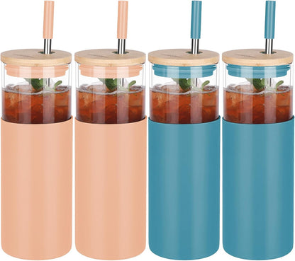 Glass Tumbler w/Lids & Straw - 24oz Reusable Mug w/Bamboo Lid & Stainless Steel Straw - BPA-Free, Leak-Proof, Dishwasher Safe for Coffee, Smoothies, Hot Beverages, Travel, Office, Home Use，4-PK
