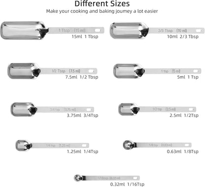 Smithcraft Measuring Spoons Set of 9 with Leveler, Metric & US 18/8 Stainless Steel Measuring Spoons Set for Baking&Kitchen, Metal Long Handle Measuring Spoon for Spice, Nesting Measure Spoon Fit Jar