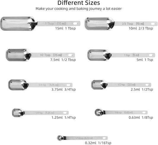 Smithcraft Measuring Spoons Set of 9 with Leveler, Metric & US 18/8 Stainless Steel Measuring Spoons Set for Baking&Kitchen, Metal Long Handle Measuring Spoon for Spice, Nesting Measure Spoon Fit Jar